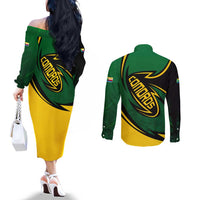 Comoros Couples Matching Off The Shoulder Long Sleeve Dress and Long Sleeve Button Shirt with Green Black Yellow Swirl Design and National Emblem Pattern