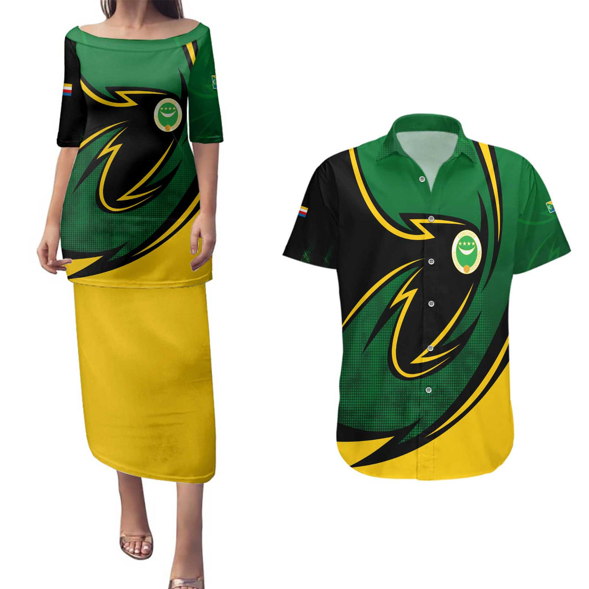 Comoros Couples Matching Puletasi and Hawaiian Shirt with Green Black Yellow Swirl Design and National Emblem Pattern