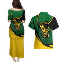 Comoros Couples Matching Puletasi and Hawaiian Shirt with Green Black Yellow Swirl Design and National Emblem Pattern