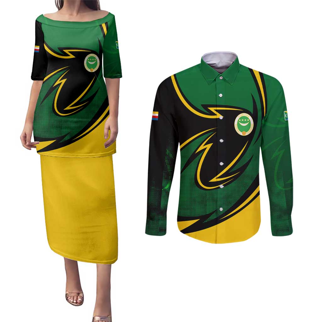 Comoros Couples Matching Puletasi and Long Sleeve Button Shirt with Green Black Yellow Swirl Design and National Emblem Pattern