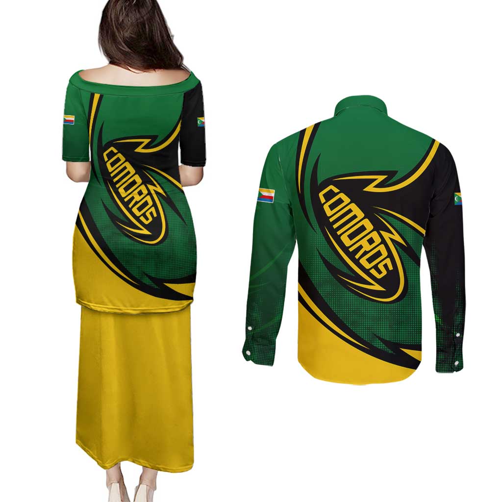 Comoros Couples Matching Puletasi and Long Sleeve Button Shirt with Green Black Yellow Swirl Design and National Emblem Pattern