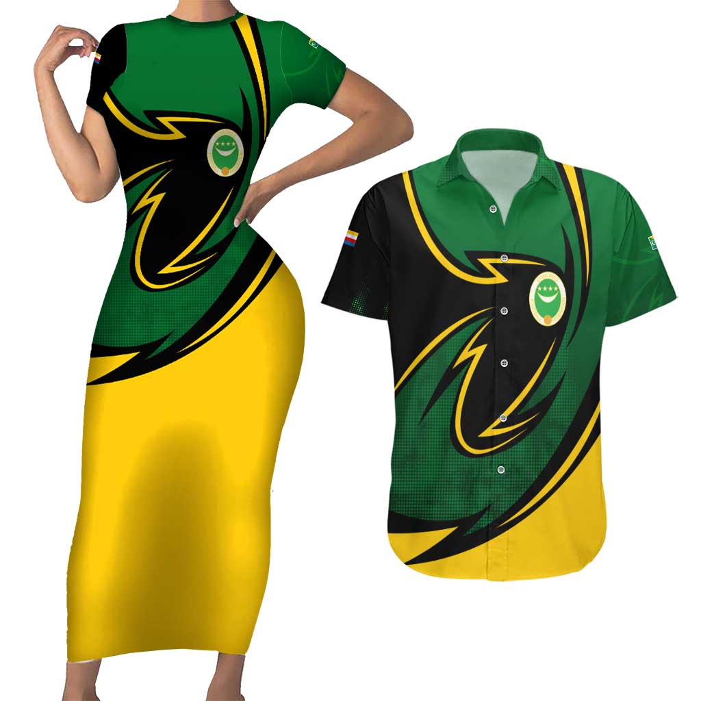 Comoros Couples Matching Short Sleeve Bodycon Dress and Hawaiian Shirt with Green Black Yellow Swirl Design and National Emblem Pattern