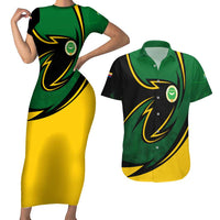 Comoros Couples Matching Short Sleeve Bodycon Dress and Hawaiian Shirt with Green Black Yellow Swirl Design and National Emblem Pattern
