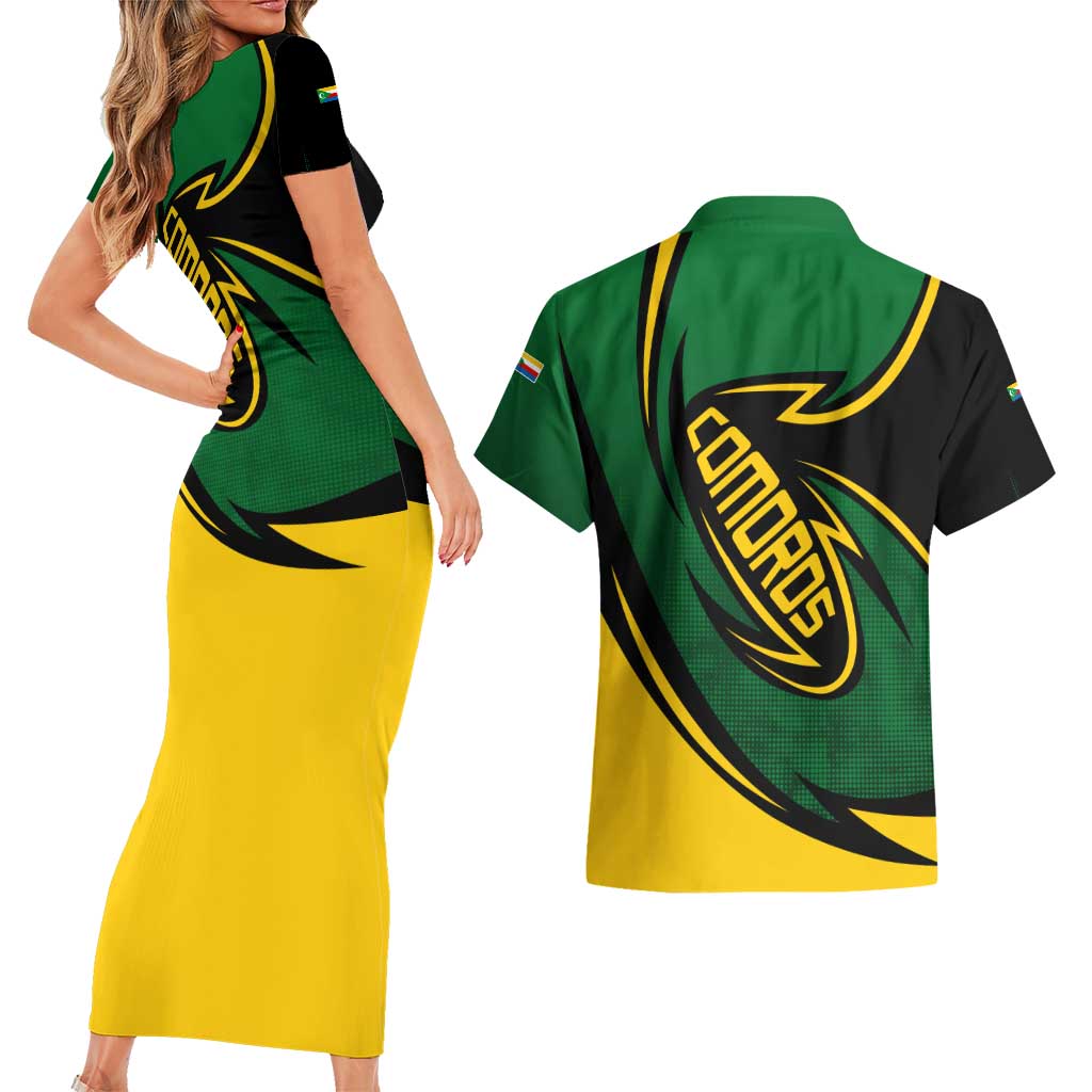 Comoros Couples Matching Short Sleeve Bodycon Dress and Hawaiian Shirt with Green Black Yellow Swirl Design and National Emblem Pattern