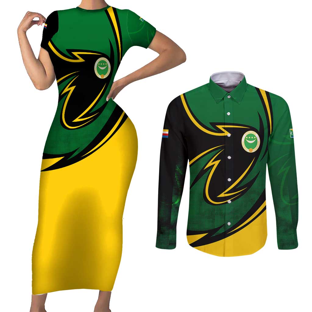 Comoros Couples Matching Short Sleeve Bodycon Dress and Long Sleeve Button Shirt with Green Black Yellow Swirl Design and National Emblem Pattern