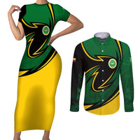 Comoros Couples Matching Short Sleeve Bodycon Dress and Long Sleeve Button Shirt with Green Black Yellow Swirl Design and National Emblem Pattern