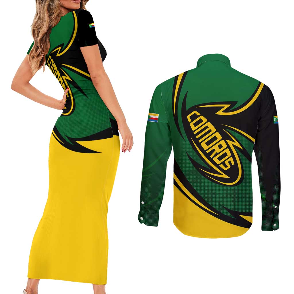 Comoros Couples Matching Short Sleeve Bodycon Dress and Long Sleeve Button Shirt with Green Black Yellow Swirl Design and National Emblem Pattern