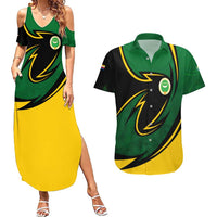 Comoros Couples Matching Summer Maxi Dress and Hawaiian Shirt with Green Black Yellow Swirl Design and National Emblem Pattern