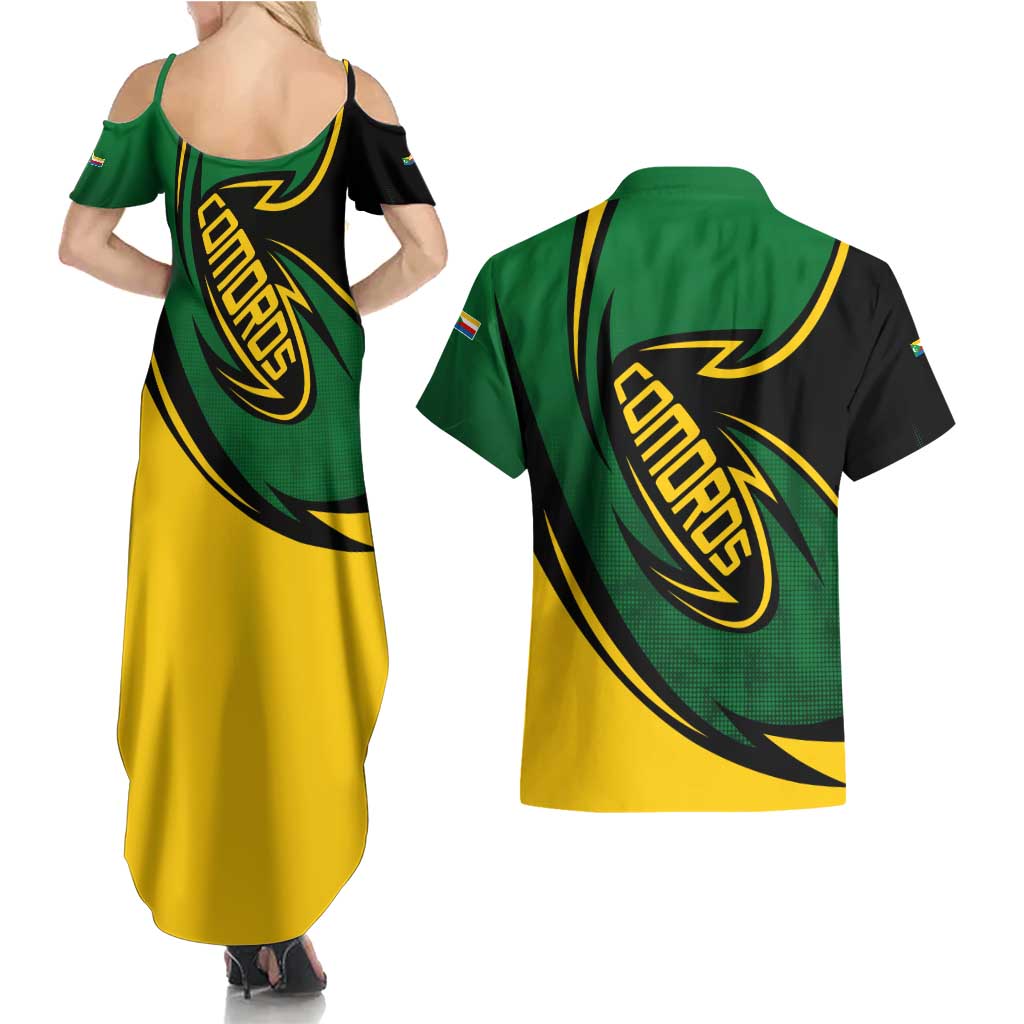 Comoros Couples Matching Summer Maxi Dress and Hawaiian Shirt with Green Black Yellow Swirl Design and National Emblem Pattern