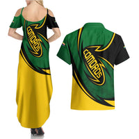 Comoros Couples Matching Summer Maxi Dress and Hawaiian Shirt with Green Black Yellow Swirl Design and National Emblem Pattern