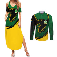 Comoros Couples Matching Summer Maxi Dress and Long Sleeve Button Shirt with Green Black Yellow Swirl Design and National Emblem Pattern