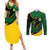 Comoros Couples Matching Summer Maxi Dress and Long Sleeve Button Shirt with Green Black Yellow Swirl Design and National Emblem Pattern