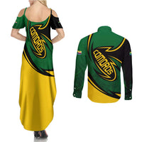 Comoros Couples Matching Summer Maxi Dress and Long Sleeve Button Shirt with Green Black Yellow Swirl Design and National Emblem Pattern