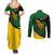 Comoros Couples Matching Summer Maxi Dress and Long Sleeve Button Shirt with Green Black Yellow Swirl Design and National Emblem Pattern