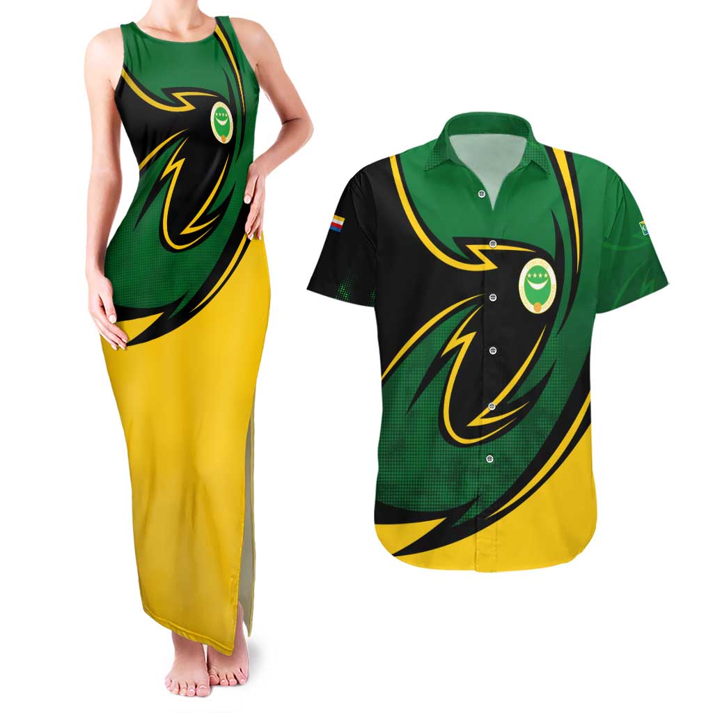 Comoros Couples Matching Tank Maxi Dress and Hawaiian Shirt with Green Black Yellow Swirl Design and National Emblem Pattern