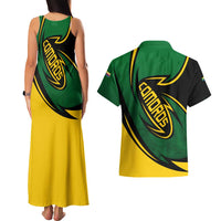 Comoros Couples Matching Tank Maxi Dress and Hawaiian Shirt with Green Black Yellow Swirl Design and National Emblem Pattern