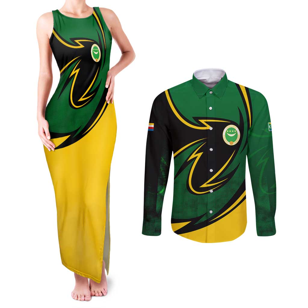 Comoros Couples Matching Tank Maxi Dress and Long Sleeve Button Shirt with Green Black Yellow Swirl Design and National Emblem Pattern