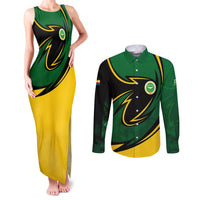 Comoros Couples Matching Tank Maxi Dress and Long Sleeve Button Shirt with Green Black Yellow Swirl Design and National Emblem Pattern
