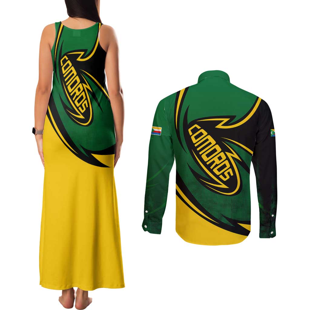 Comoros Couples Matching Tank Maxi Dress and Long Sleeve Button Shirt with Green Black Yellow Swirl Design and National Emblem Pattern