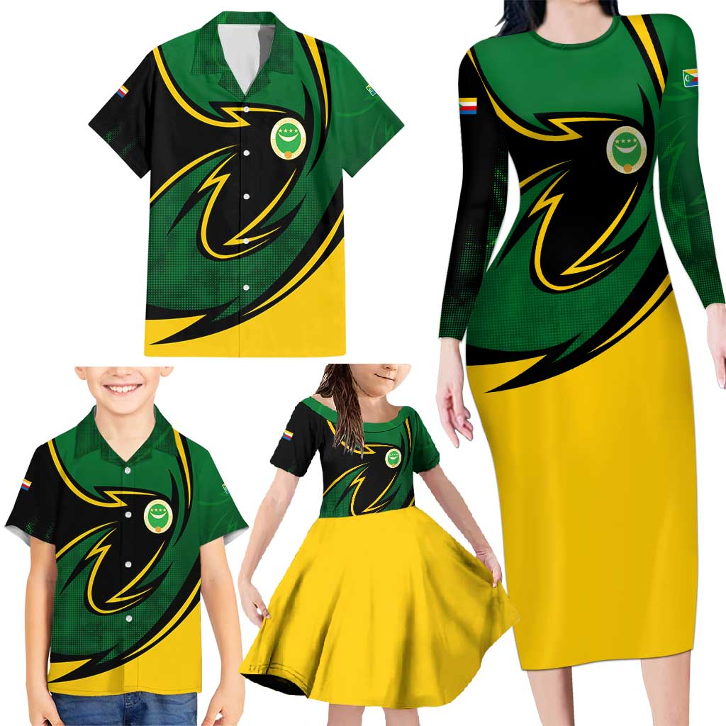 Comoros Family Matching Long Sleeve Bodycon Dress and Hawaiian Shirt with Green Black Yellow Swirl Design and National Emblem Pattern