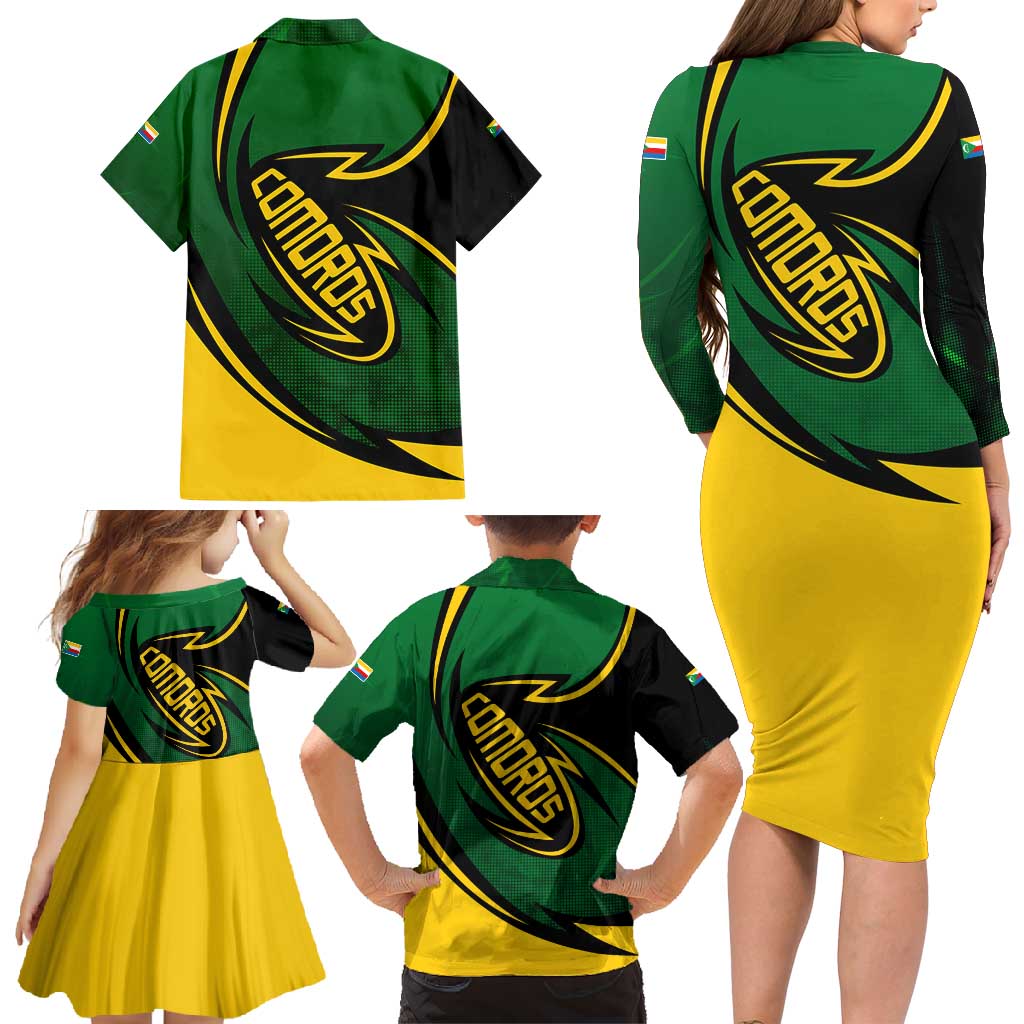 Comoros Family Matching Long Sleeve Bodycon Dress and Hawaiian Shirt with Green Black Yellow Swirl Design and National Emblem Pattern