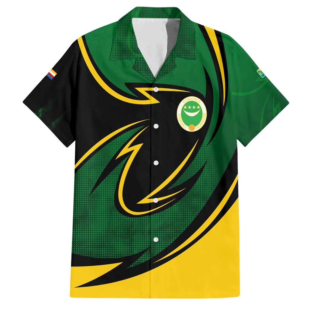 Comoros Family Matching Long Sleeve Bodycon Dress and Hawaiian Shirt with Green Black Yellow Swirl Design and National Emblem Pattern