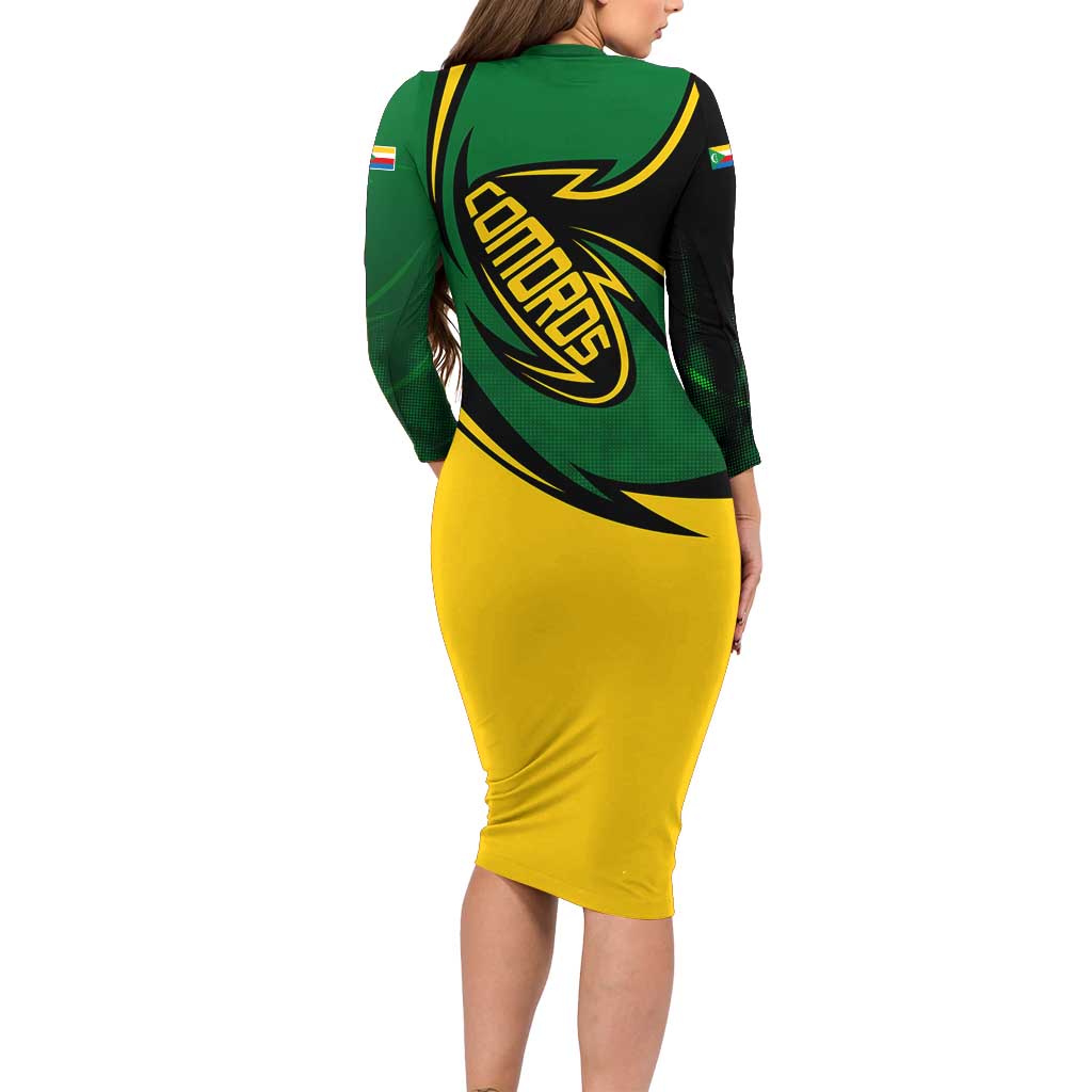 Comoros Family Matching Long Sleeve Bodycon Dress and Hawaiian Shirt with Green Black Yellow Swirl Design and National Emblem Pattern