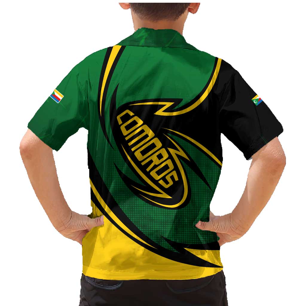 Comoros Family Matching Mermaid Dress and Hawaiian Shirt with Green Black Yellow Swirl Design and National Emblem Pattern