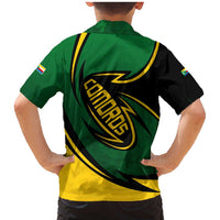 Comoros Family Matching Mermaid Dress and Hawaiian Shirt with Green Black Yellow Swirl Design and National Emblem Pattern