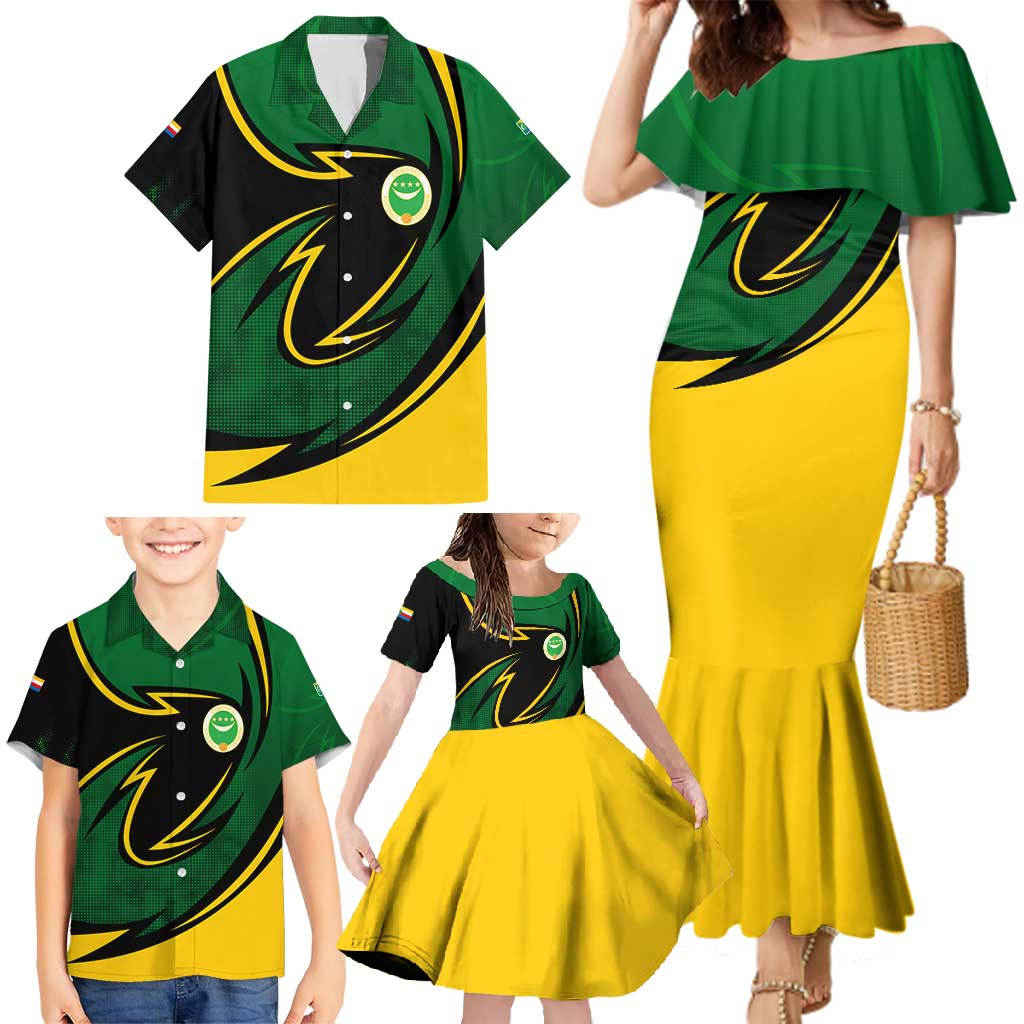 Comoros Family Matching Mermaid Dress and Hawaiian Shirt with Green Black Yellow Swirl Design and National Emblem Pattern