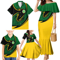 Comoros Family Matching Mermaid Dress and Hawaiian Shirt with Green Black Yellow Swirl Design and National Emblem Pattern