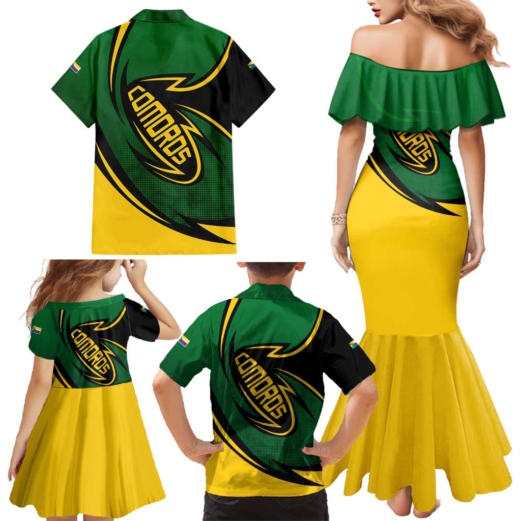 Comoros Family Matching Mermaid Dress and Hawaiian Shirt with Green Black Yellow Swirl Design and National Emblem Pattern