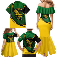 Comoros Family Matching Mermaid Dress and Hawaiian Shirt with Green Black Yellow Swirl Design and National Emblem Pattern