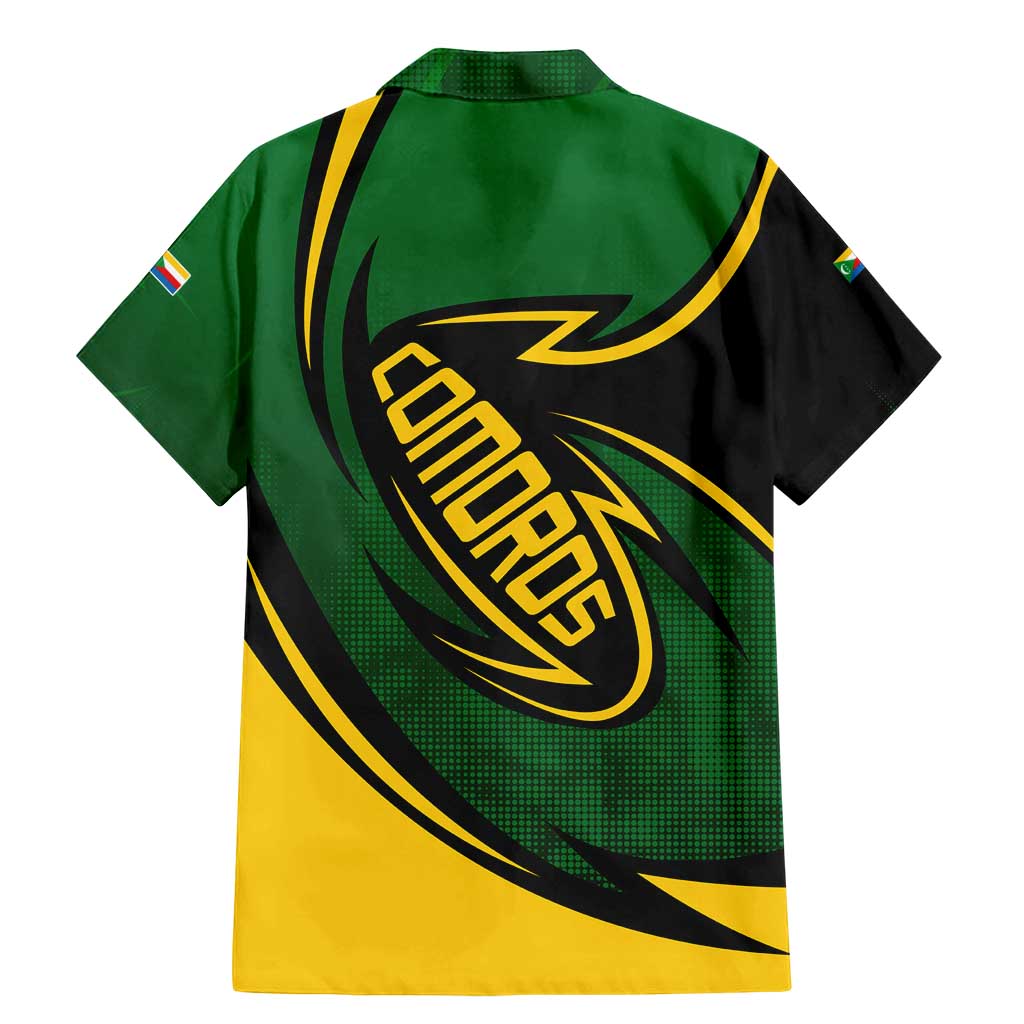 Comoros Family Matching Mermaid Dress and Hawaiian Shirt with Green Black Yellow Swirl Design and National Emblem Pattern