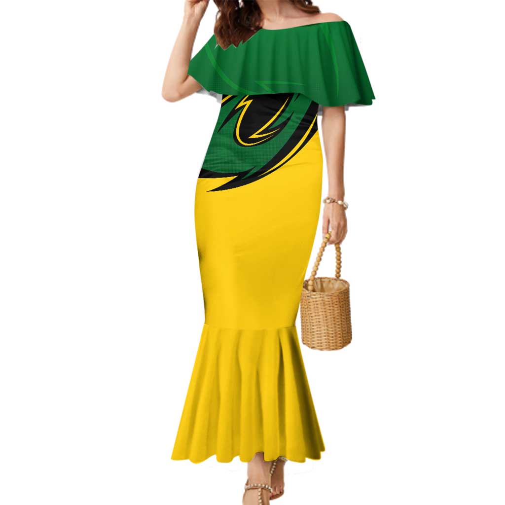 Comoros Family Matching Mermaid Dress and Hawaiian Shirt with Green Black Yellow Swirl Design and National Emblem Pattern