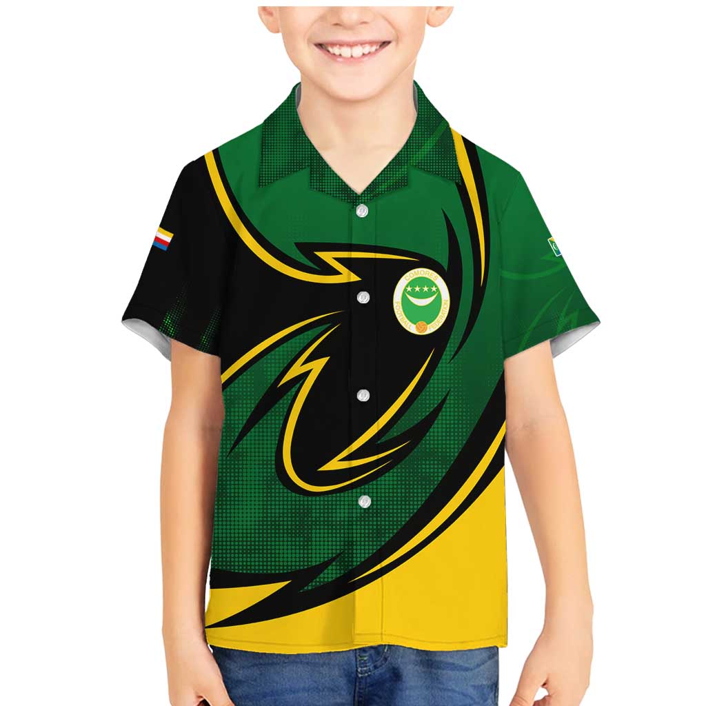 Comoros Family Matching Mermaid Dress and Hawaiian Shirt with Green Black Yellow Swirl Design and National Emblem Pattern