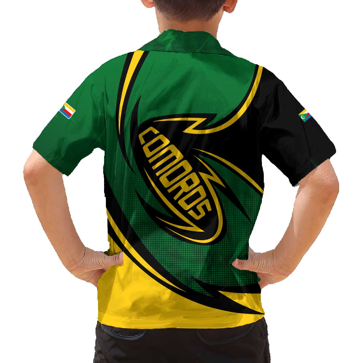 Comoros Family Matching Off The Shoulder Long Sleeve Dress and Hawaiian Shirt with Green Black Yellow Swirl Design and National Emblem Pattern