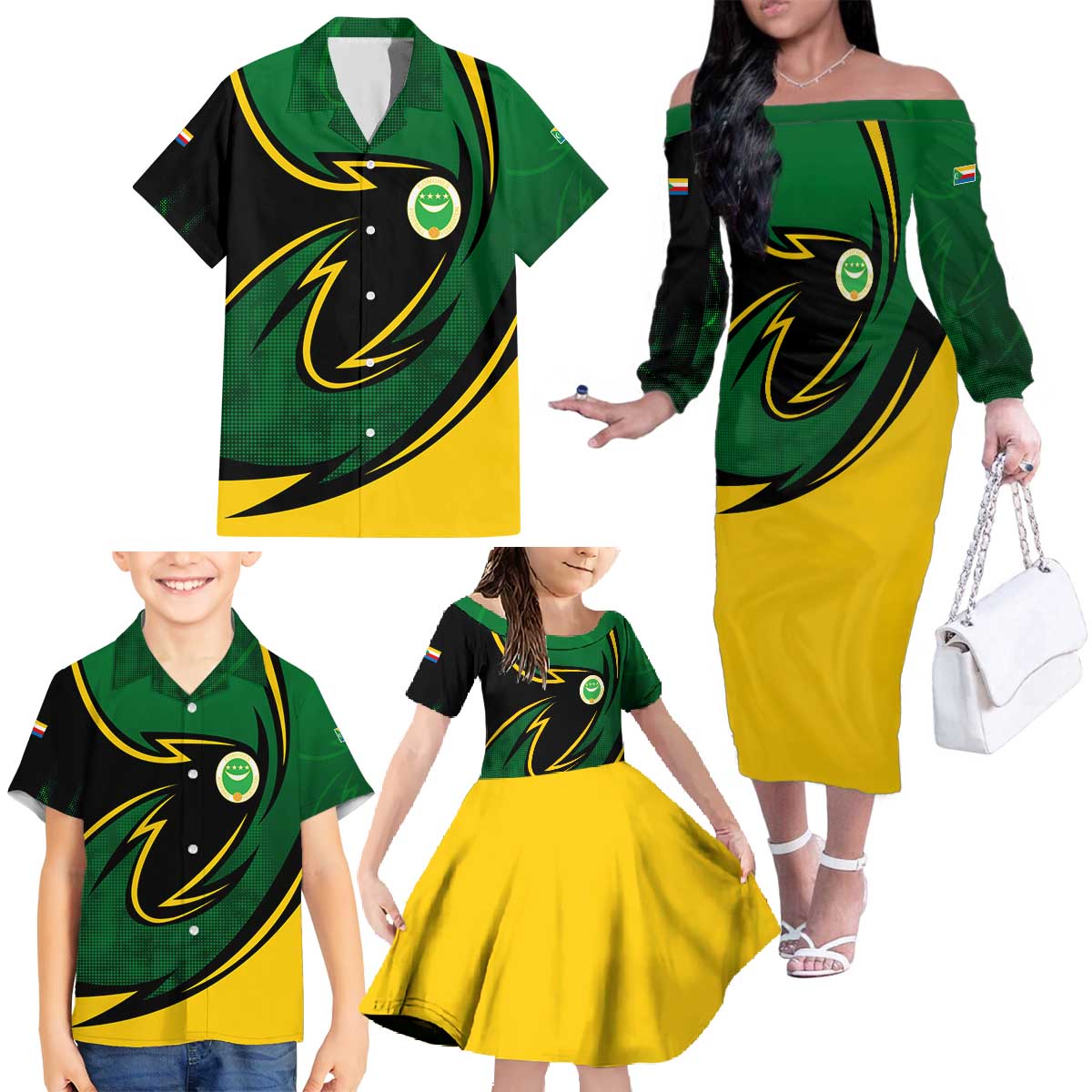 Comoros Family Matching Off The Shoulder Long Sleeve Dress and Hawaiian Shirt with Green Black Yellow Swirl Design and National Emblem Pattern