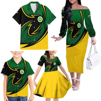 Comoros Family Matching Off The Shoulder Long Sleeve Dress and Hawaiian Shirt with Green Black Yellow Swirl Design and National Emblem Pattern