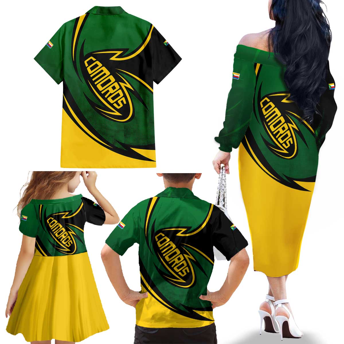 Comoros Family Matching Off The Shoulder Long Sleeve Dress and Hawaiian Shirt with Green Black Yellow Swirl Design and National Emblem Pattern