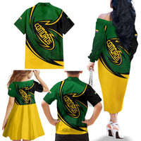 Comoros Family Matching Off The Shoulder Long Sleeve Dress and Hawaiian Shirt with Green Black Yellow Swirl Design and National Emblem Pattern