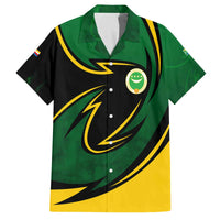 Comoros Family Matching Off The Shoulder Long Sleeve Dress and Hawaiian Shirt with Green Black Yellow Swirl Design and National Emblem Pattern