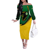 Comoros Family Matching Off The Shoulder Long Sleeve Dress and Hawaiian Shirt with Green Black Yellow Swirl Design and National Emblem Pattern