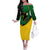 Comoros Family Matching Off The Shoulder Long Sleeve Dress and Hawaiian Shirt with Green Black Yellow Swirl Design and National Emblem Pattern