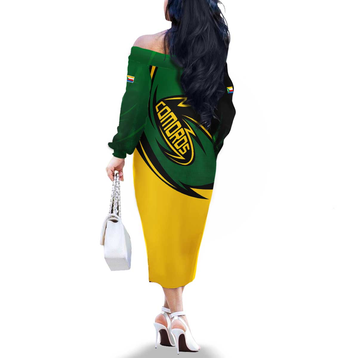 Comoros Family Matching Off The Shoulder Long Sleeve Dress and Hawaiian Shirt with Green Black Yellow Swirl Design and National Emblem Pattern
