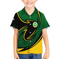 Comoros Family Matching Off The Shoulder Long Sleeve Dress and Hawaiian Shirt with Green Black Yellow Swirl Design and National Emblem Pattern