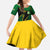 Comoros Family Matching Off Shoulder Maxi Dress and Hawaiian Shirt with Green Black Yellow Swirl Design and National Emblem Pattern