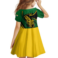 Comoros Family Matching Off Shoulder Maxi Dress and Hawaiian Shirt with Green Black Yellow Swirl Design and National Emblem Pattern