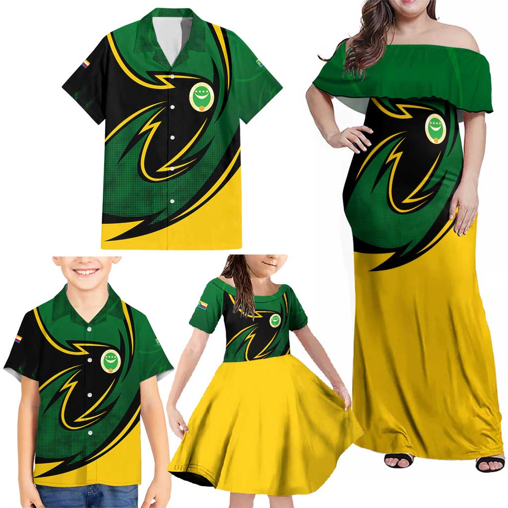 Comoros Family Matching Off Shoulder Maxi Dress and Hawaiian Shirt with Green Black Yellow Swirl Design and National Emblem Pattern