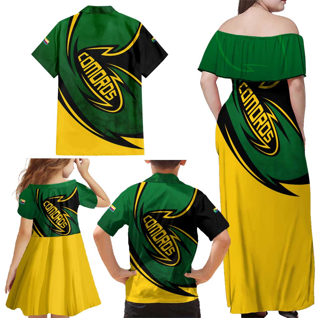 Comoros Family Matching Off Shoulder Maxi Dress and Hawaiian Shirt with Green Black Yellow Swirl Design and National Emblem Pattern